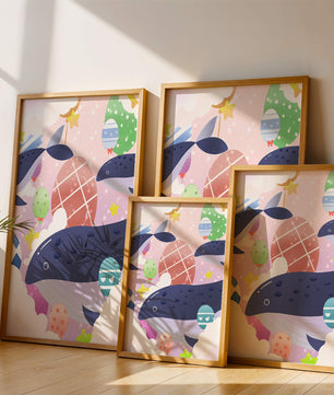Whimsical illustration of whales and floating stars with colorful eggs