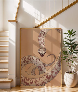 Elegant coiled snake with floral patterns in an artistic composition
