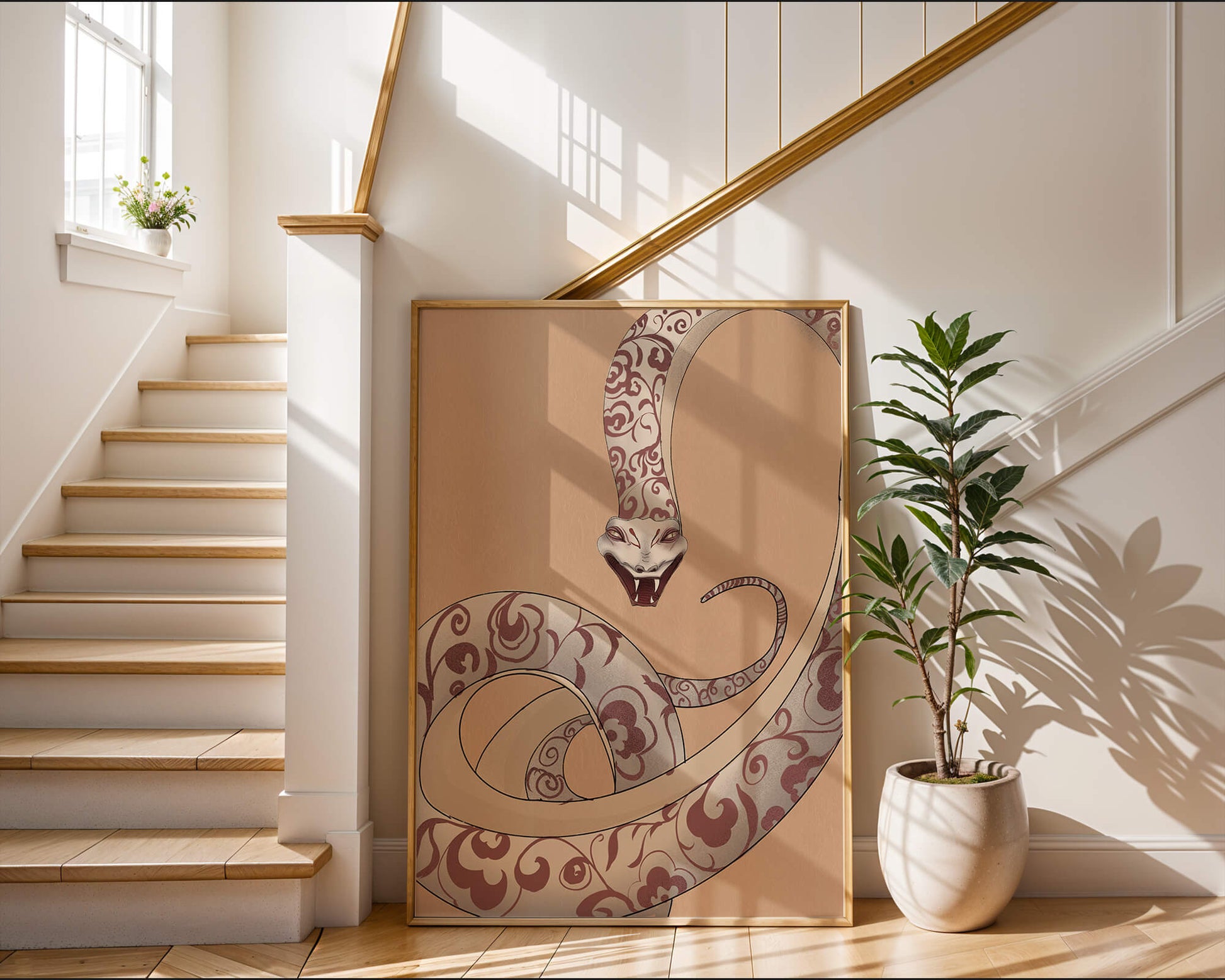 Elegant coiled snake with floral patterns in an artistic composition