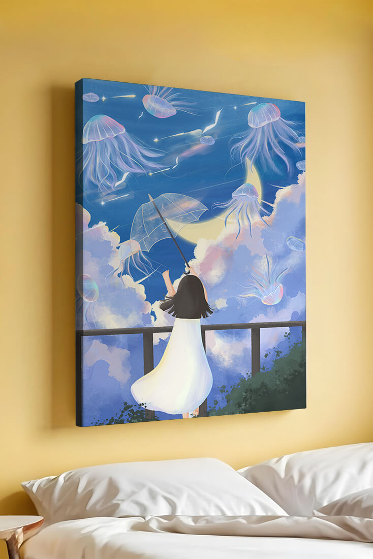 Young girl with umbrella watching surreal jellyfish sky