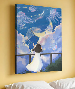 Young girl with umbrella watching surreal jellyfish sky