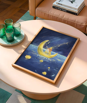 Voyage nocturne magique avec une fille dans un bateau-lune doré