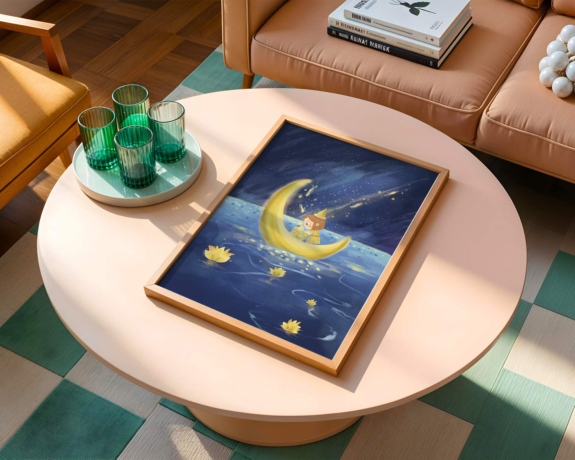 Magical Night Journey with Girl in Golden Moon Boat