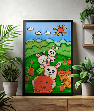Illustration de lapins espiègles avec des carottes dans un champ ensoleillé