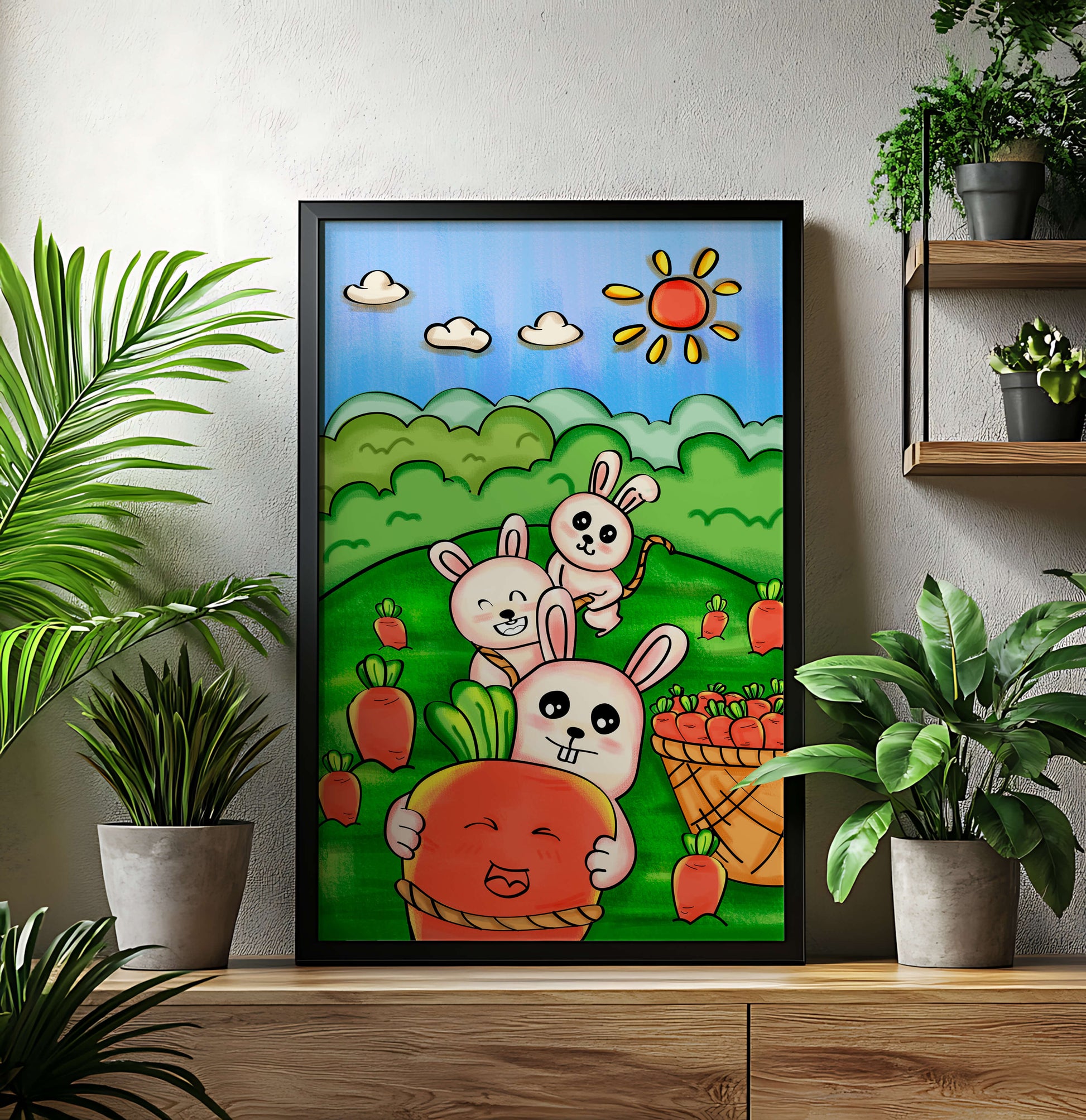 Illustration de lapins espiègles avec des carottes dans un champ ensoleillé
