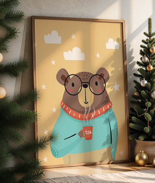 Illustration of a bear with glasses holding a tea cup against a starry background