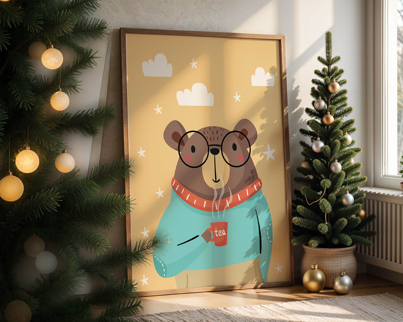 Illustration of a bear with glasses holding a tea cup against a starry background
