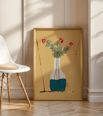 Vase with Red Flowers and Golden Accents
