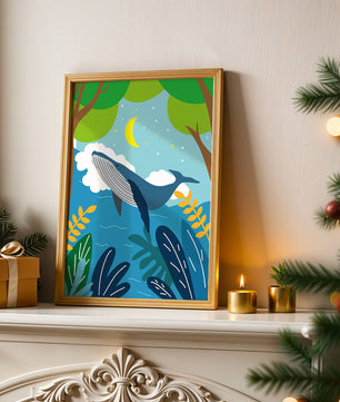Illustration eines Wals in einer farbenfrohen Waldszene mit Mond und Pflanzen
