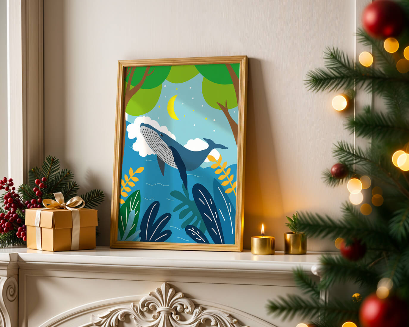 Illustration of a whale in a colorful forest scene with moon and plants