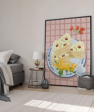 Illustration of layered cake on patterned plate with flowers and a cup