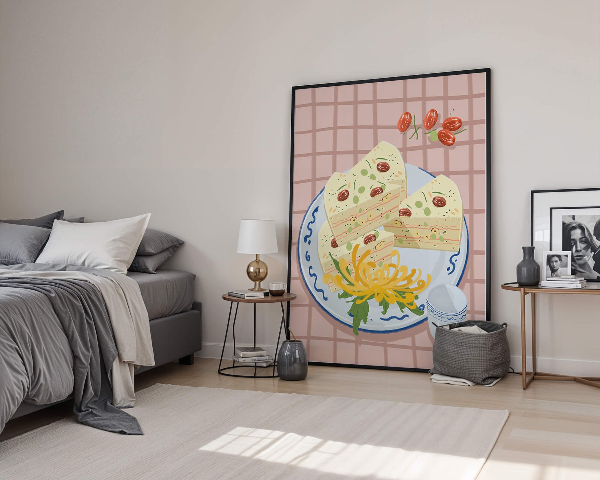 Illustration of layered cake on patterned plate with flowers and a cup