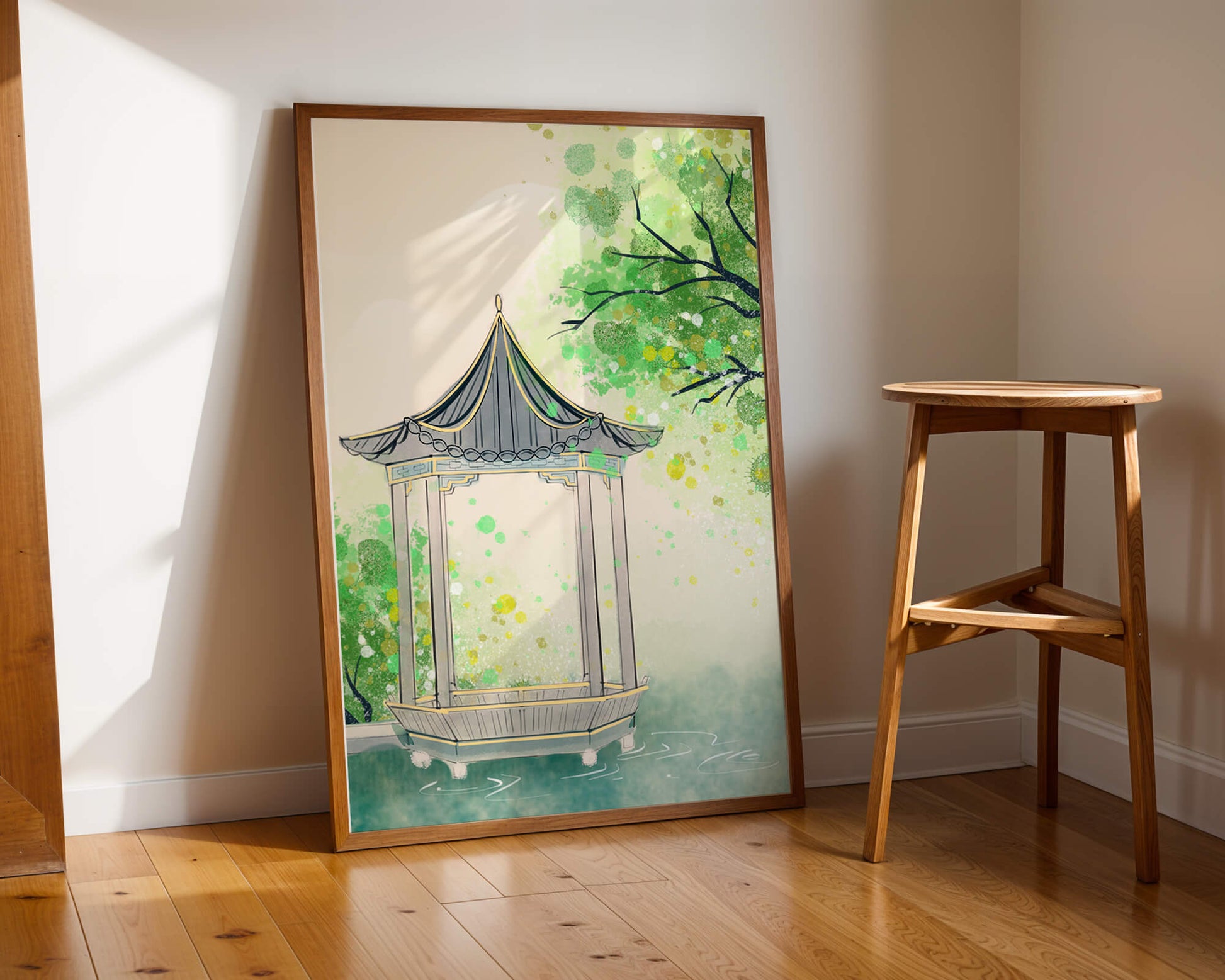 Serene garden gazebo by a tranquil pond with lush greenery