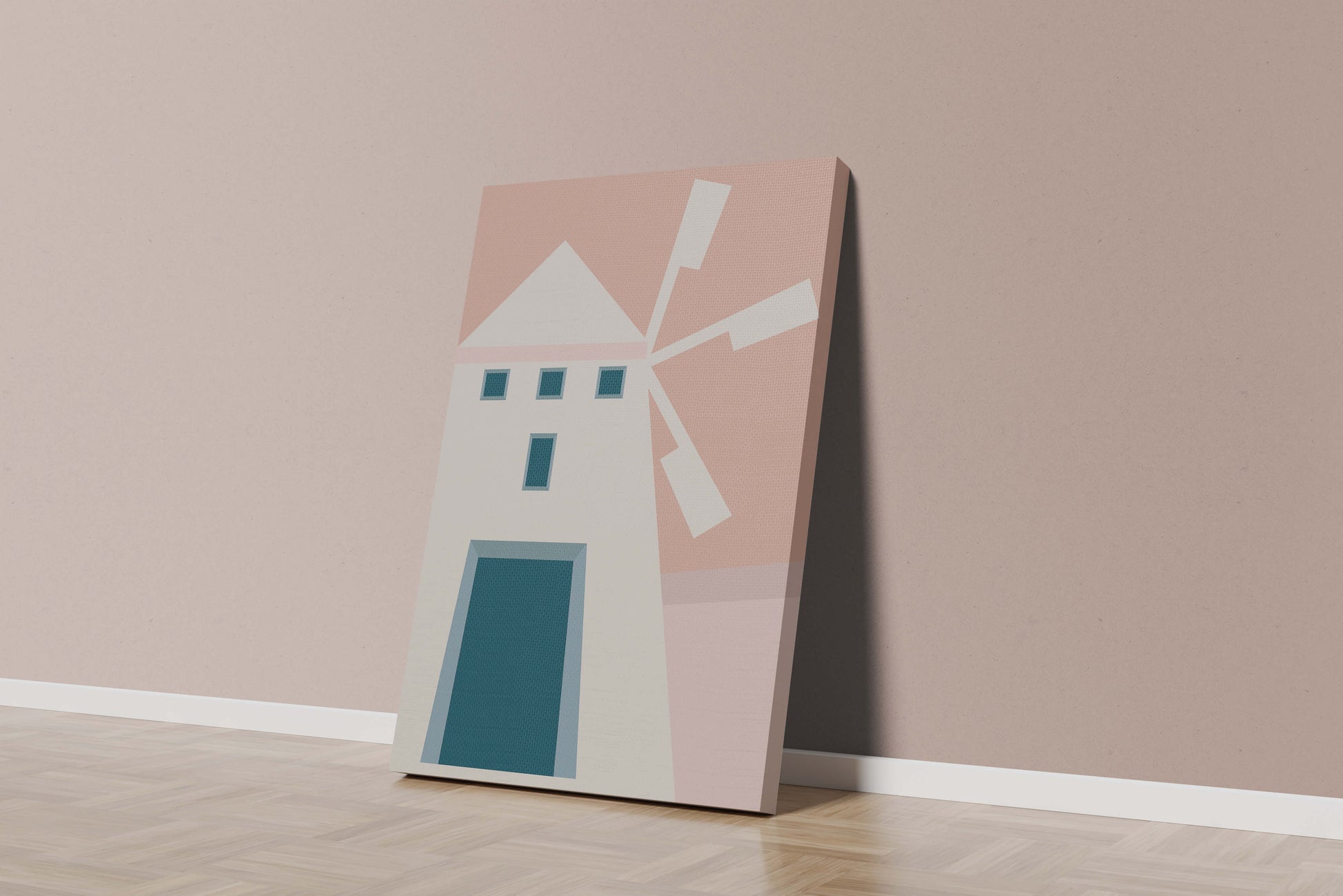Minimalist geometric house illustration on pastel background