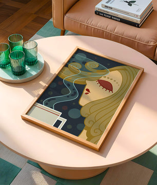 Stylized portrait of a woman with flowing hair and steaming coffee