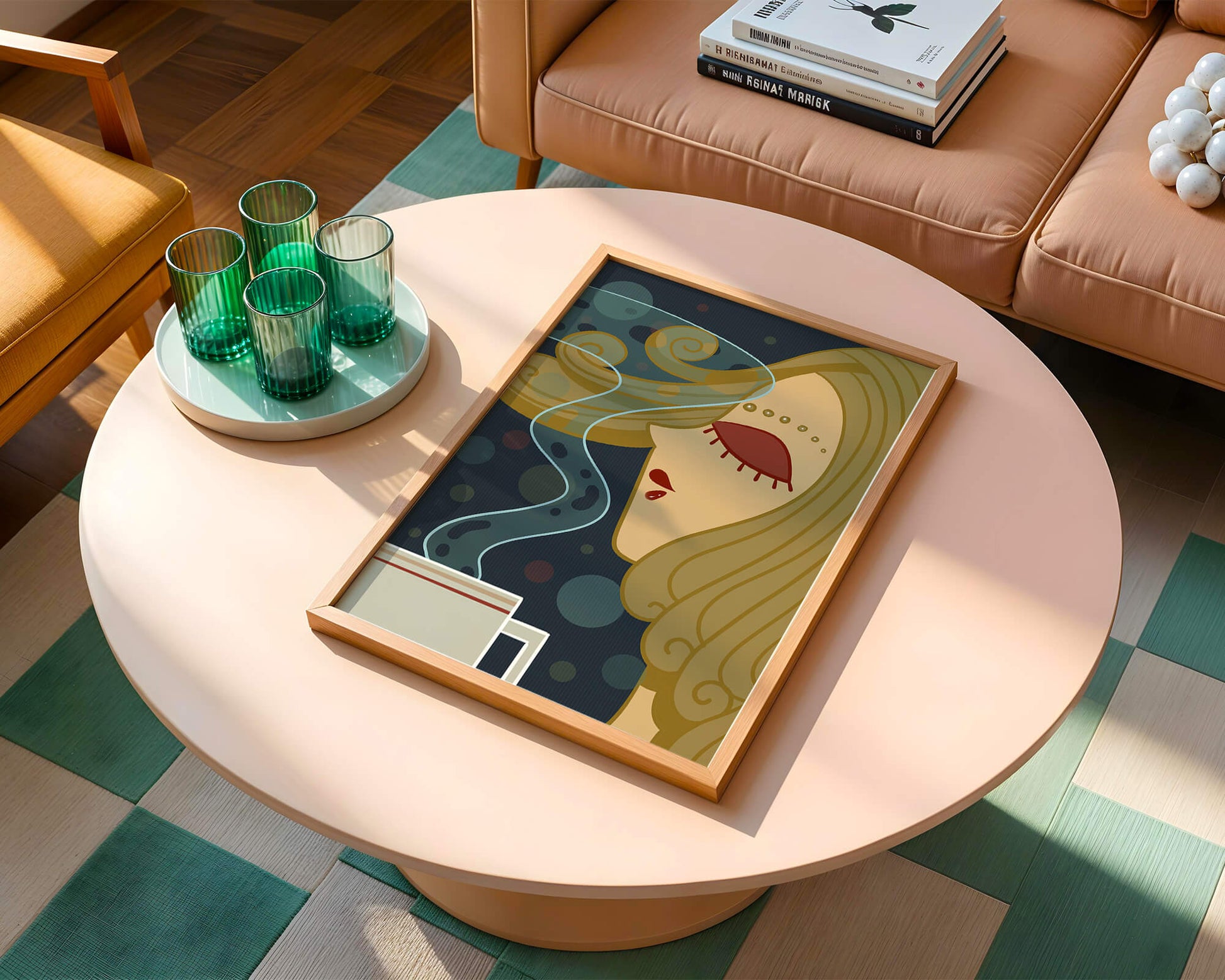 Stylized portrait of a woman with flowing hair and steaming coffee