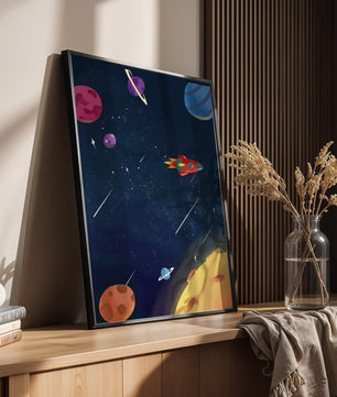 Farbenfrohes Weltraumabenteuer mit Planeten und Raketenillustration