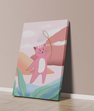Pink Cat Holding Net in Whimsical Landscape