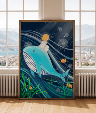 Whimsisches Unterwasserszenario mit Kind und Blauwal