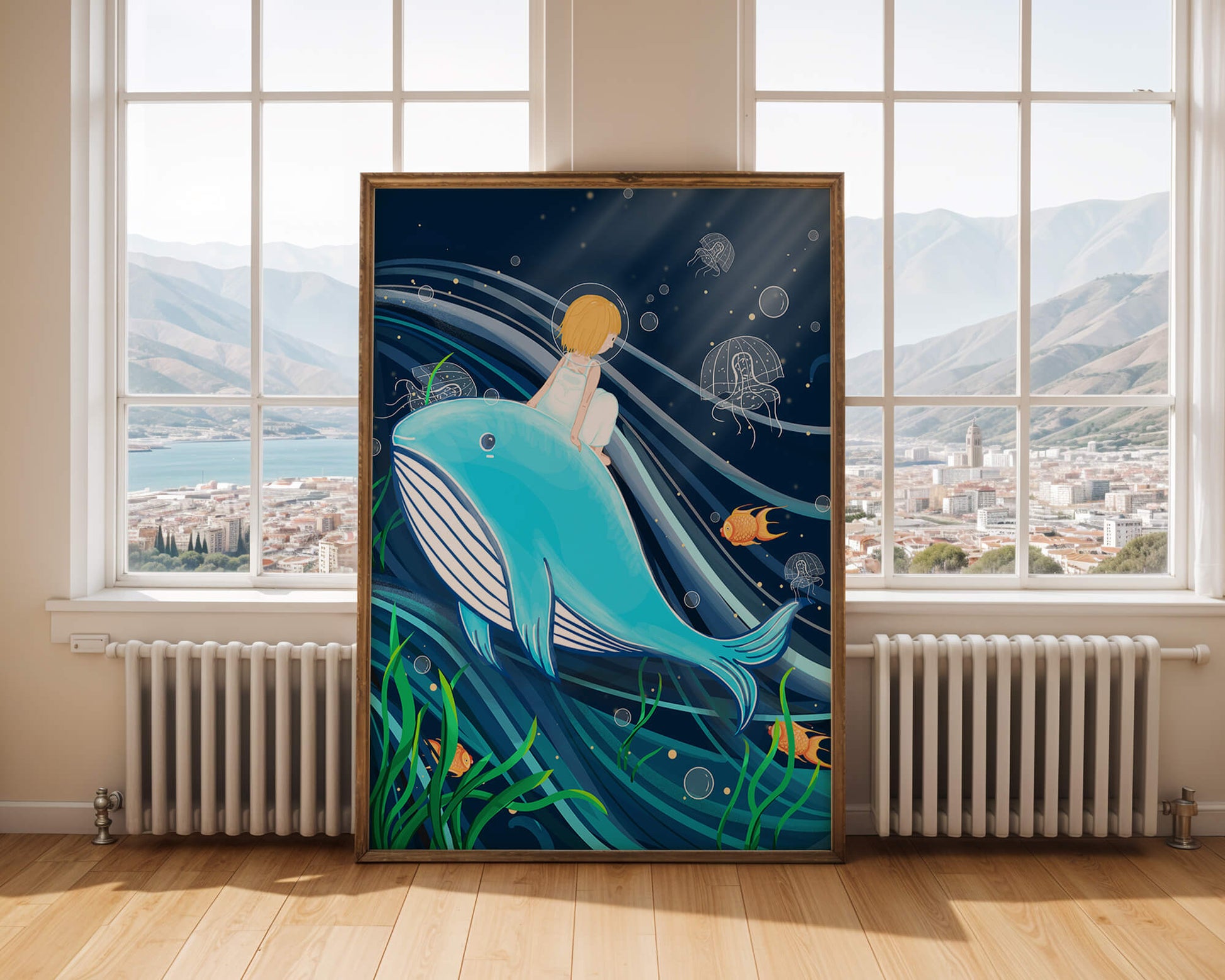 Whimsisches Unterwasserszenario mit Kind und Blauwal