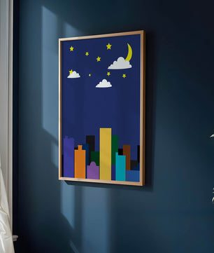 Night cityscape with colorful buildings and starry sky