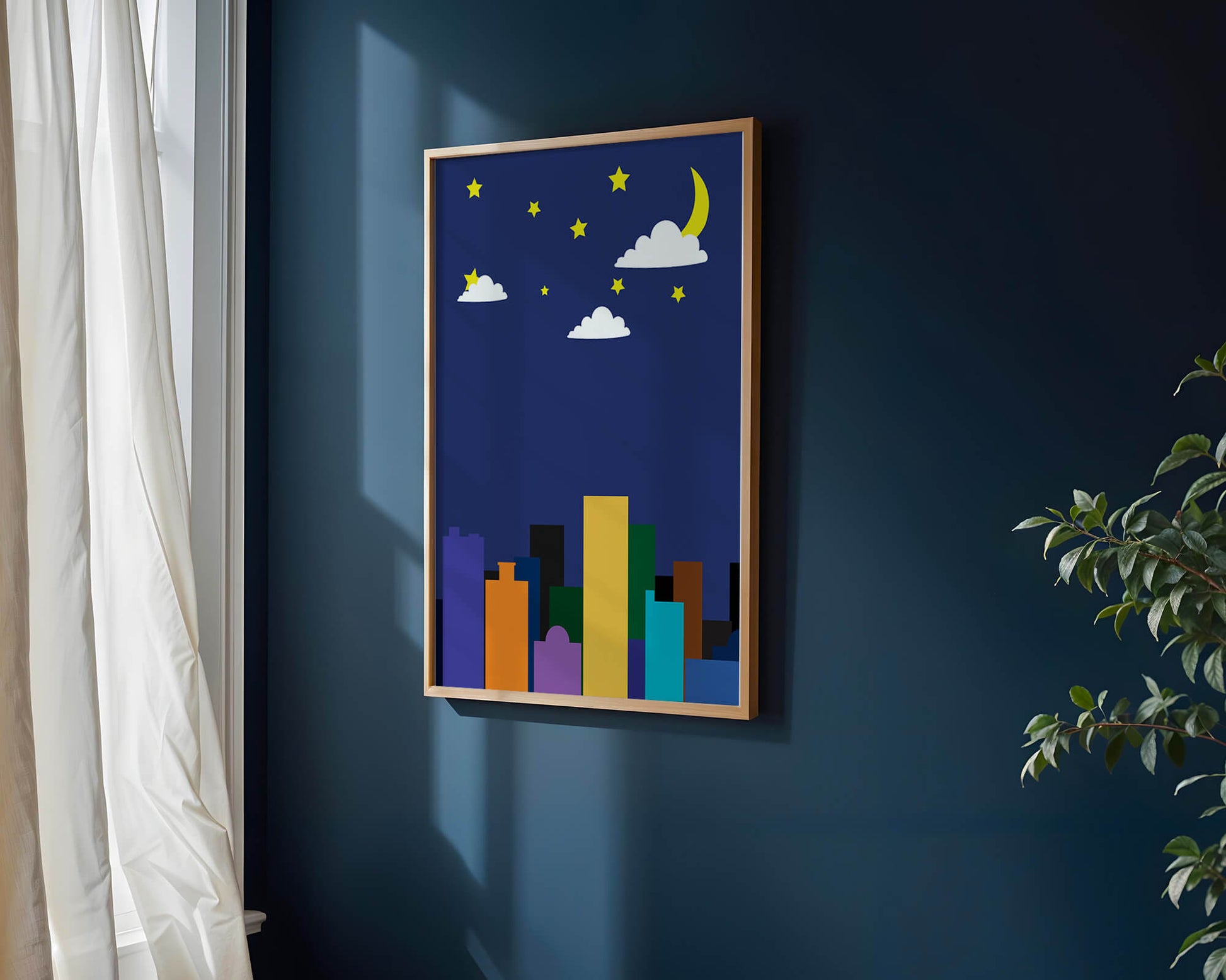 Night cityscape with colorful buildings and starry sky
