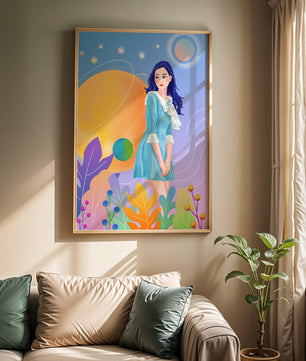 Ilustración de fantasía de una mujer en un jardín cósmico con colores vibrantes