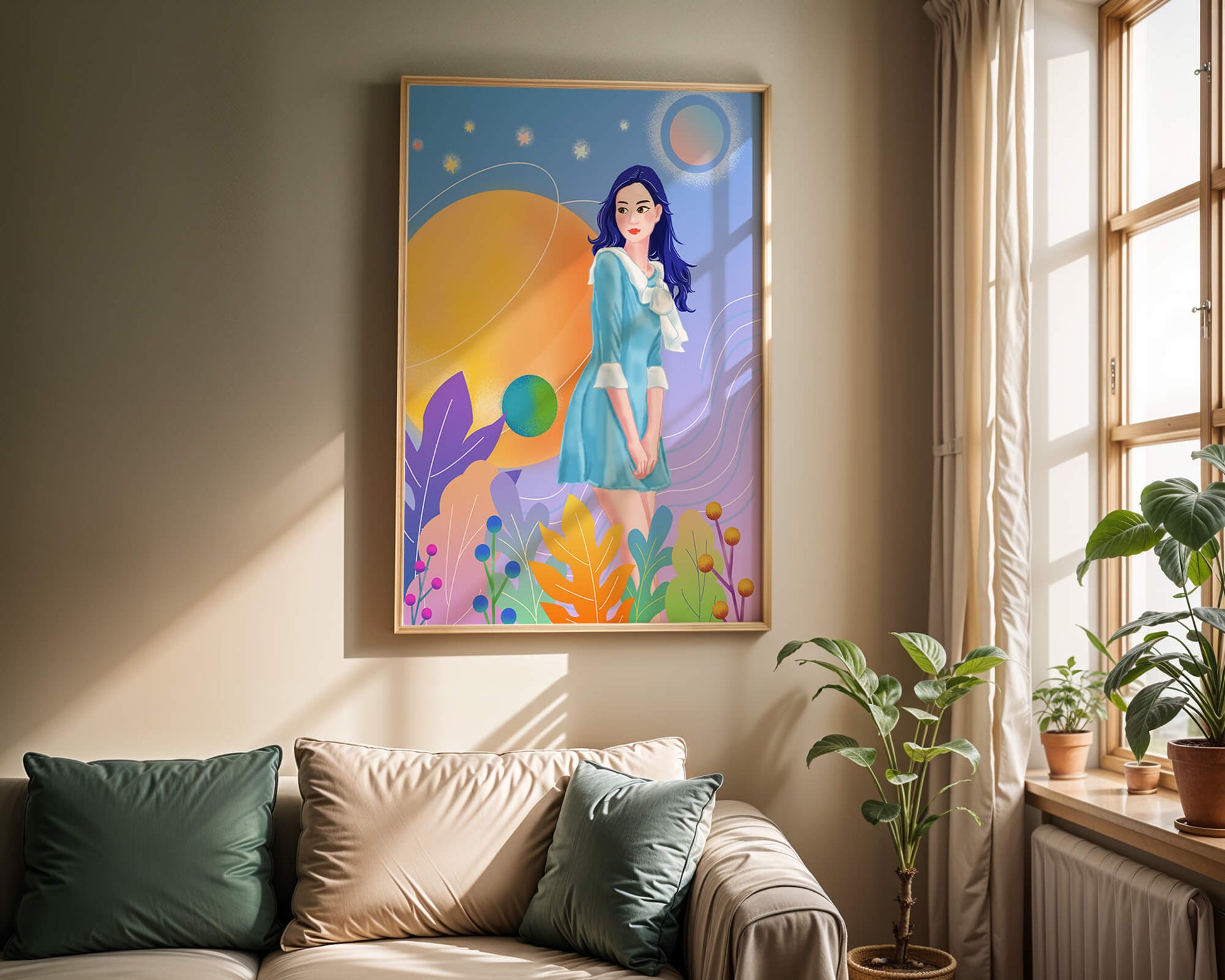 Ilustración de fantasía de una mujer en un jardín cósmico con colores vibrantes
