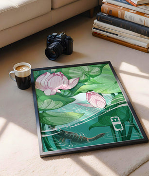 Illustration nature sereine avec fleurs de lotus et vie aquatique