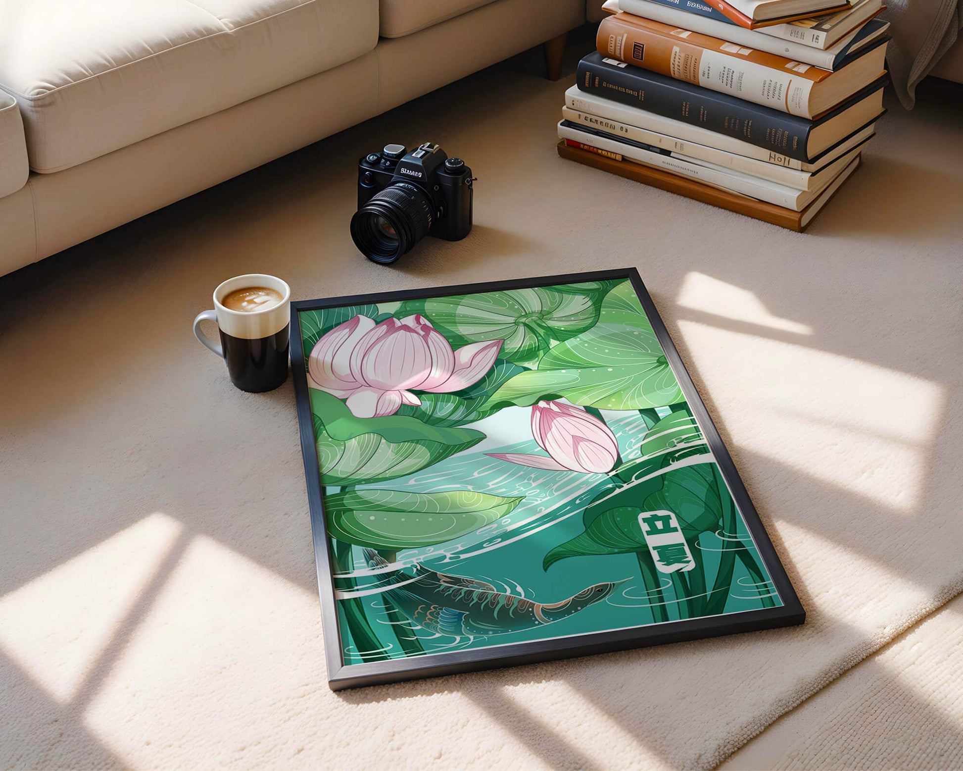 Ilustración de la naturaleza serena con flores de loto y vida acuática