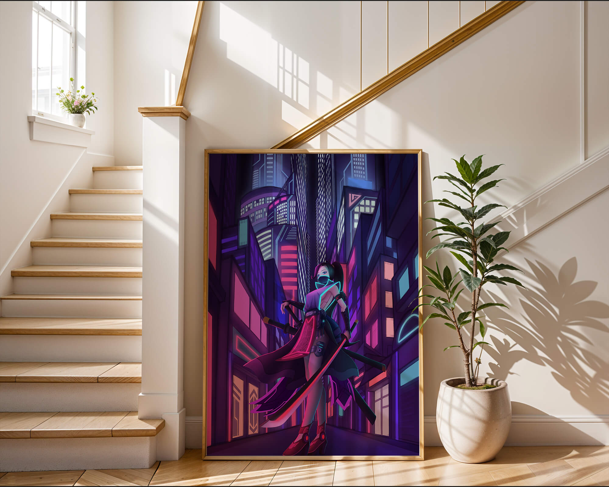 Futuristic cyberpunk cityscape with a female character and neon lights