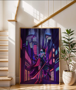 Paisaje urbano futurista de cibercpunk con una protagonista femenina y luces de neón
