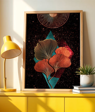 Traducción al español: Ilustración floral cósmica abstracta con elementos geométricos y acentos dorados