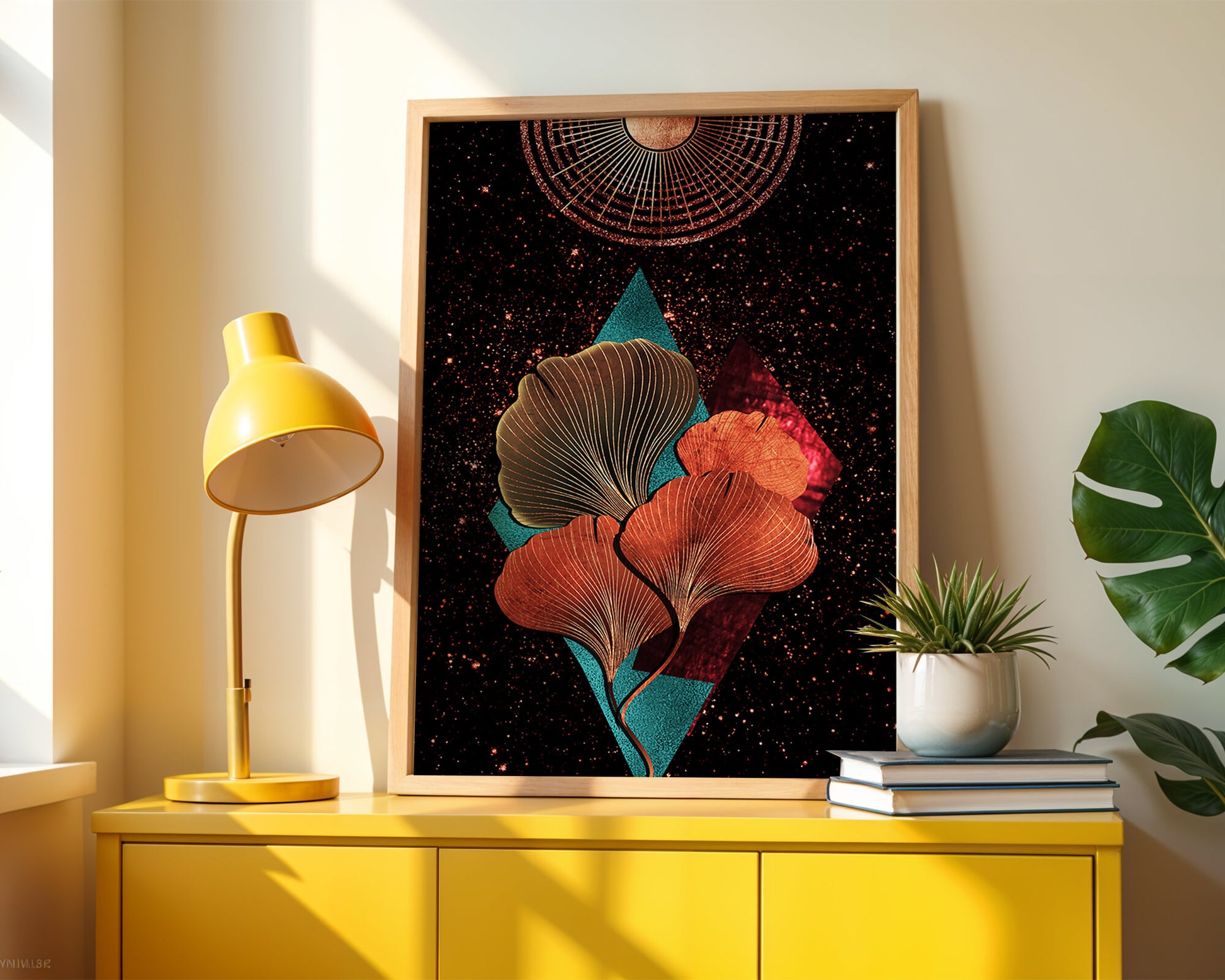 Traducción al español: Ilustración floral cósmica abstracta con elementos geométricos y acentos dorados