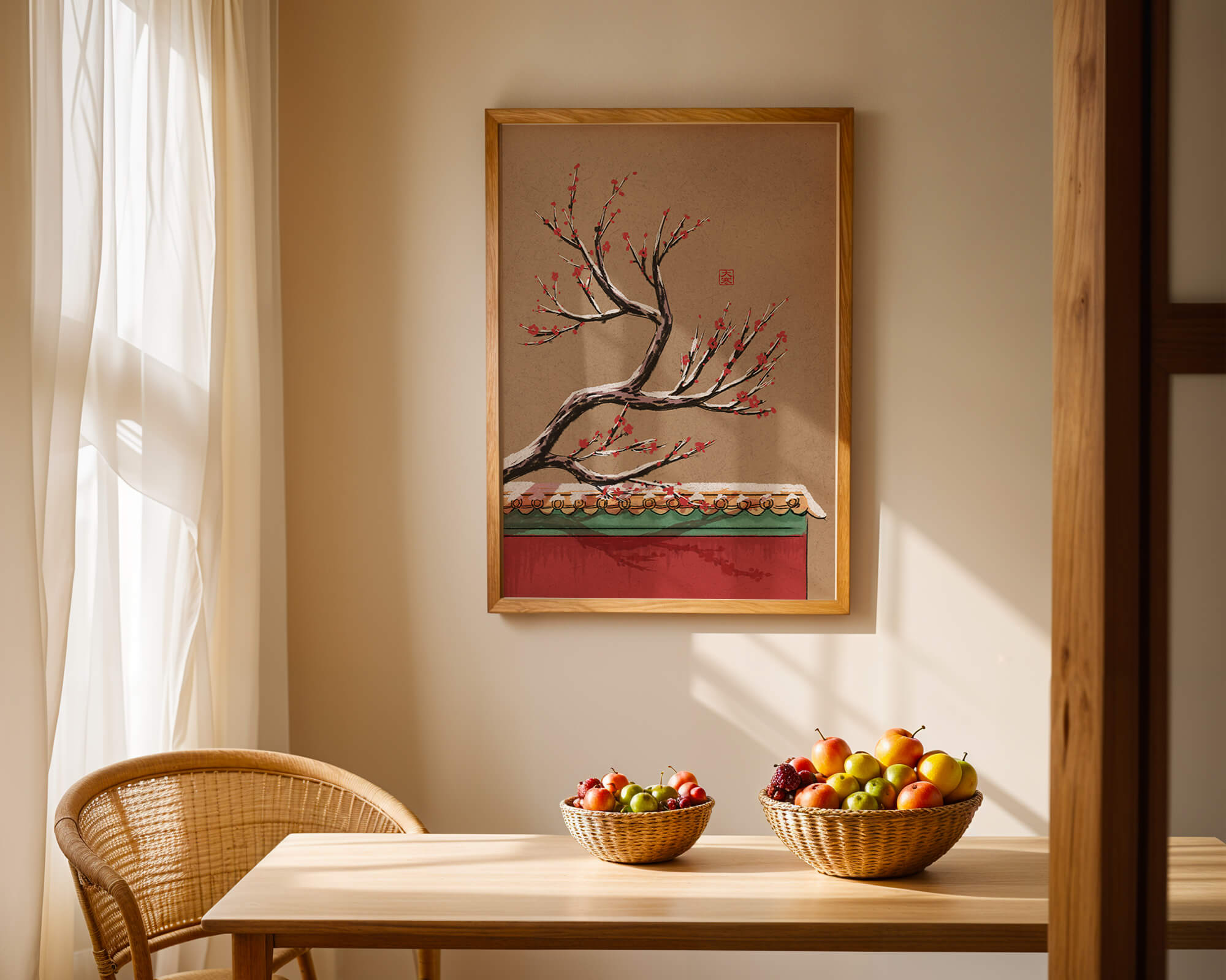 Illustration of blooming plum branch over traditional rooftop