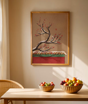 Illustration of blooming plum branch over traditional rooftop