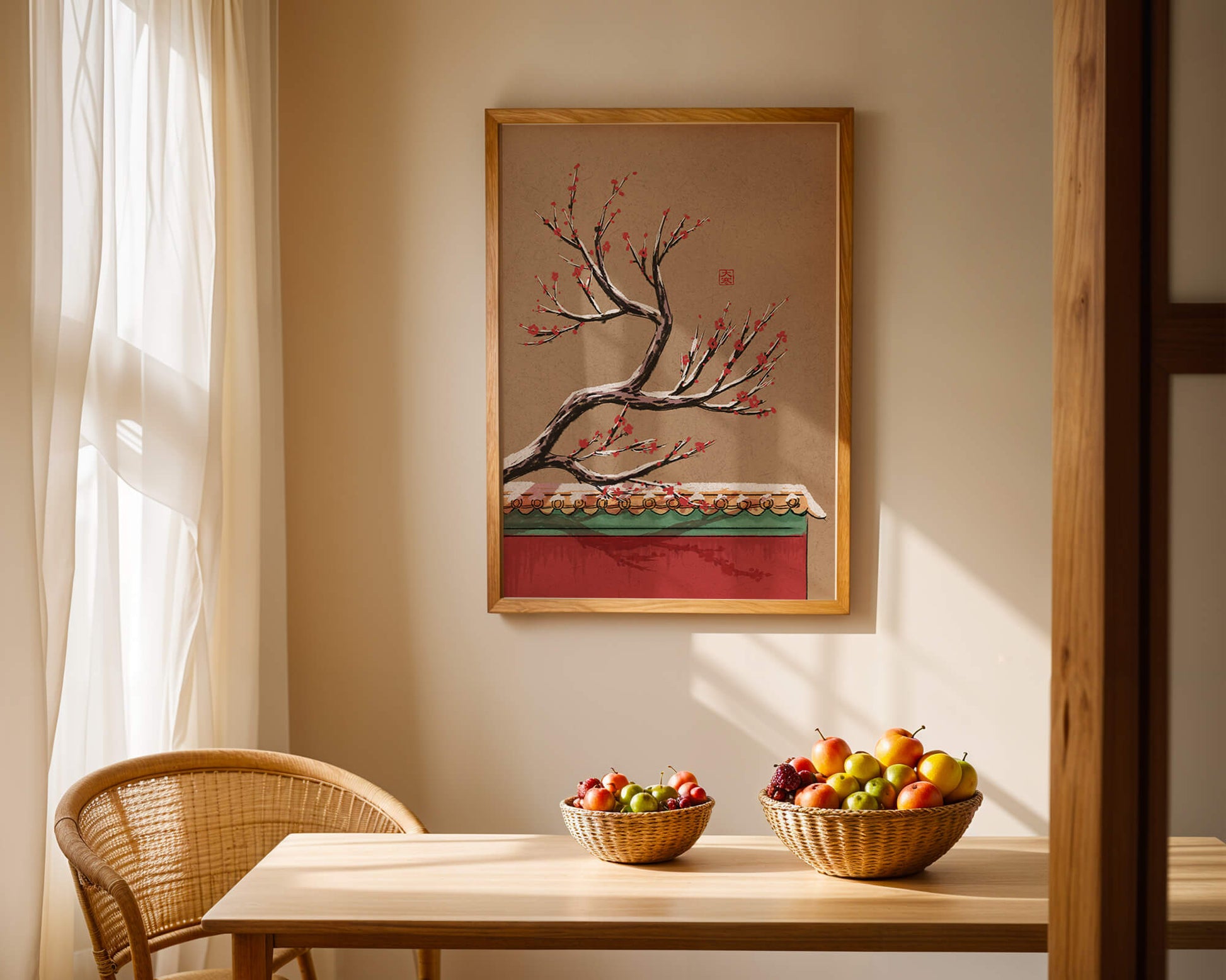 Illustration of blooming plum branch over traditional rooftop