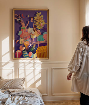 Illustration d'une expérience de shopping joyeuse en famille avec des cadeaux et des couleurs vives