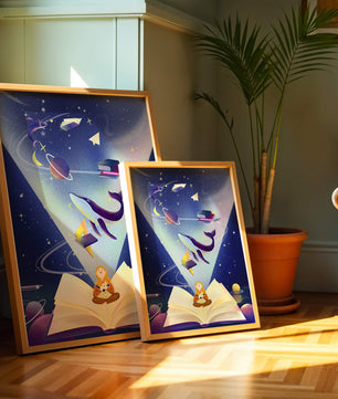 Imaginative galaxy scene with books and a child