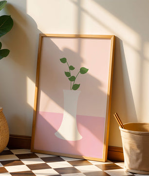 Simple Minimalist Illustration of a White Vase with Green Leaves on a Pink Background - Mi tienda