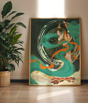 Elegant depiction of traditional musical culture with vibrant flowing ribbons and intricate patterns