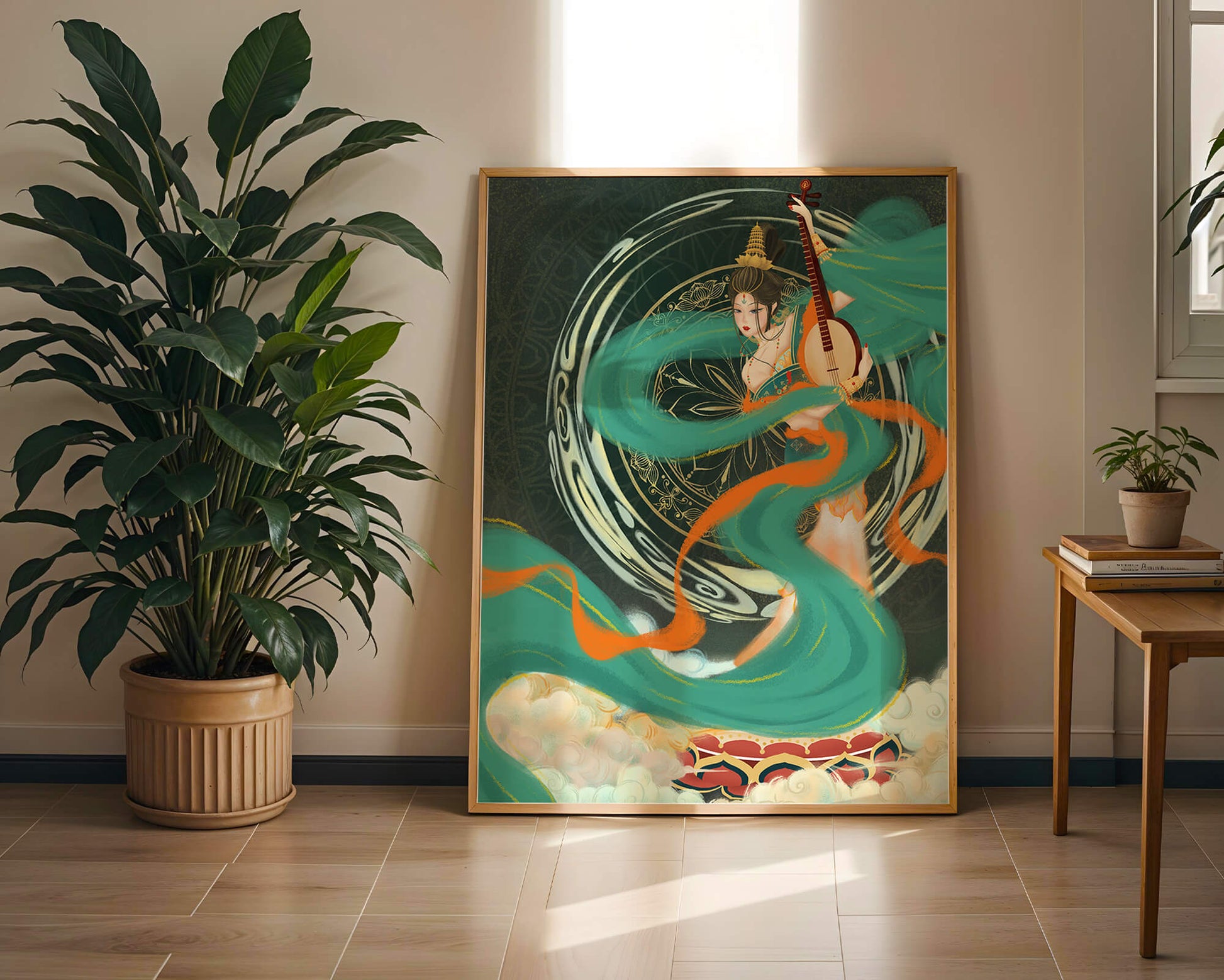 Elegant depiction of traditional musical culture with vibrant flowing ribbons and intricate patterns