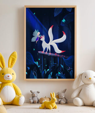 Enchanted forest with fairy and mystical creature under moonlit sky