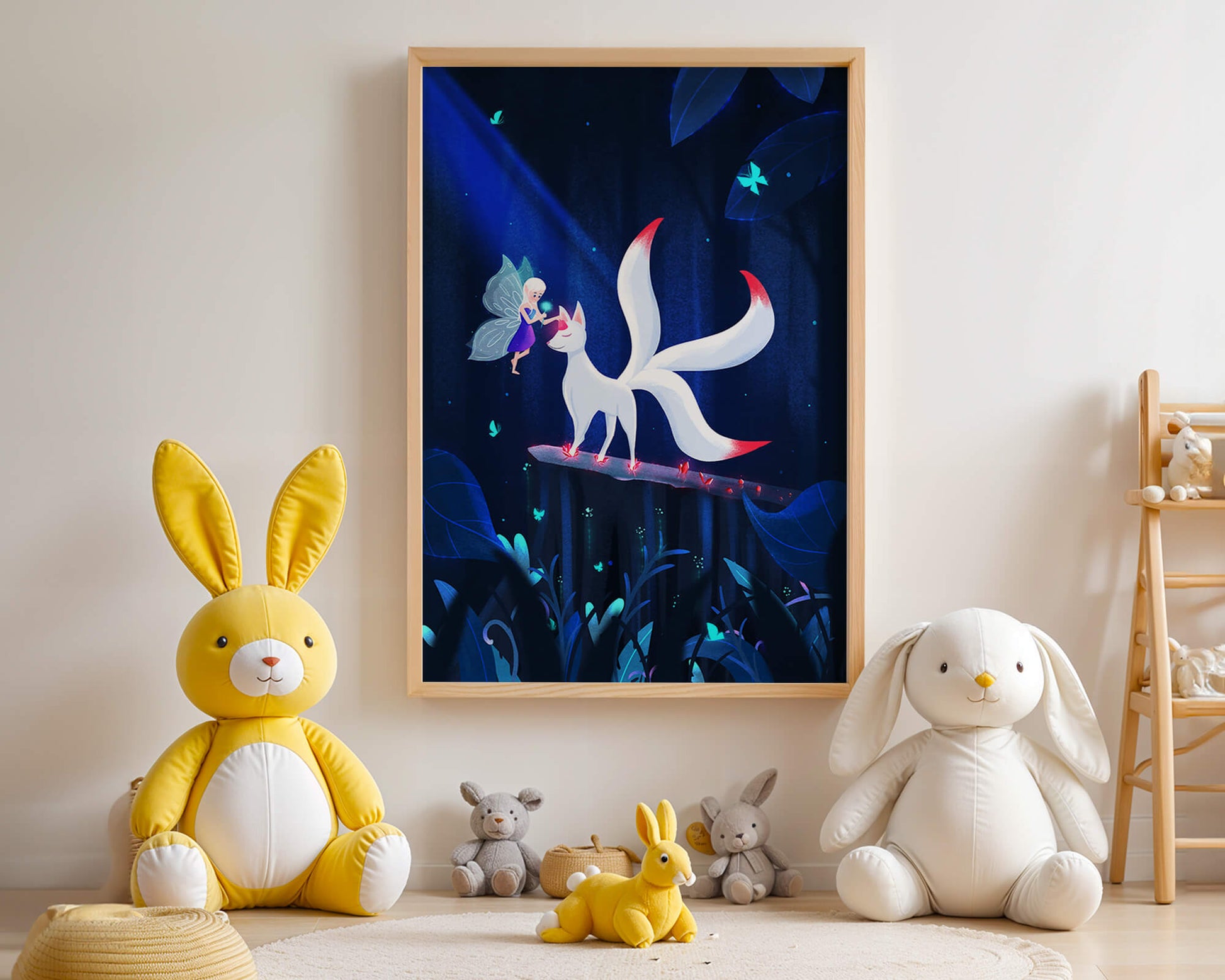 Enchanted forest with fairy and mystical creature under moonlit sky