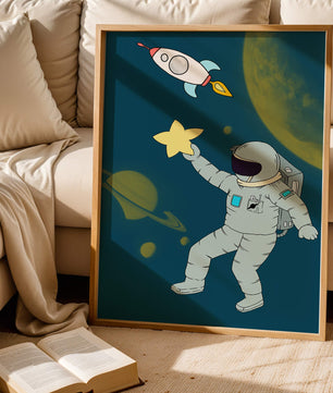 Astronaut Reaching for Star with Rocket and Planets in Space Scene - Mi tienda
