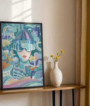 Futuristic digital art with virtual reality and technology themes