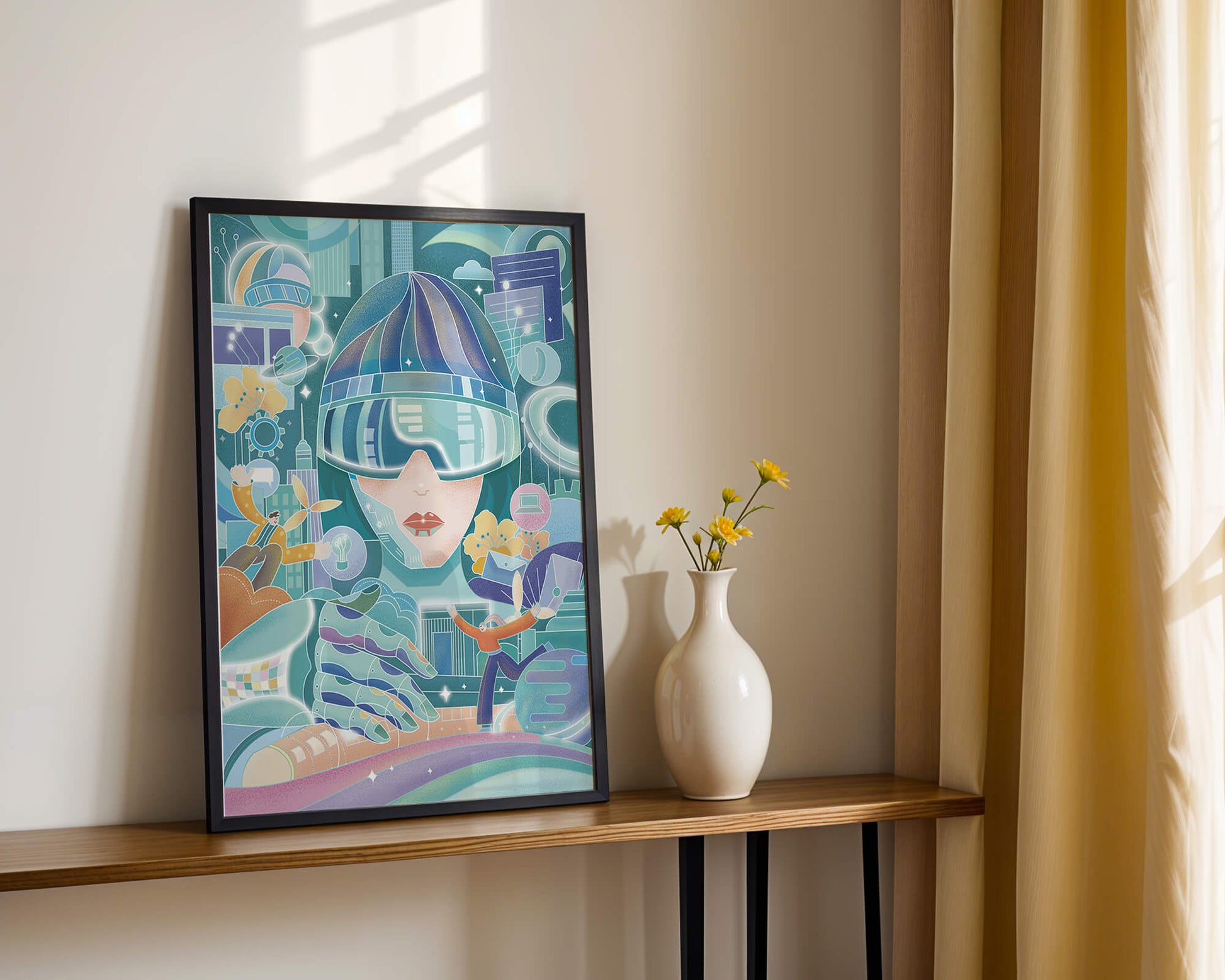 Futuristic digital art with virtual reality and technology themes