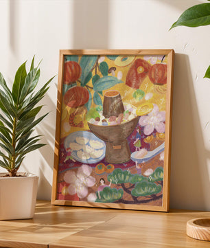 Ilustración del festival de comida asiática colorida con linternas y flores