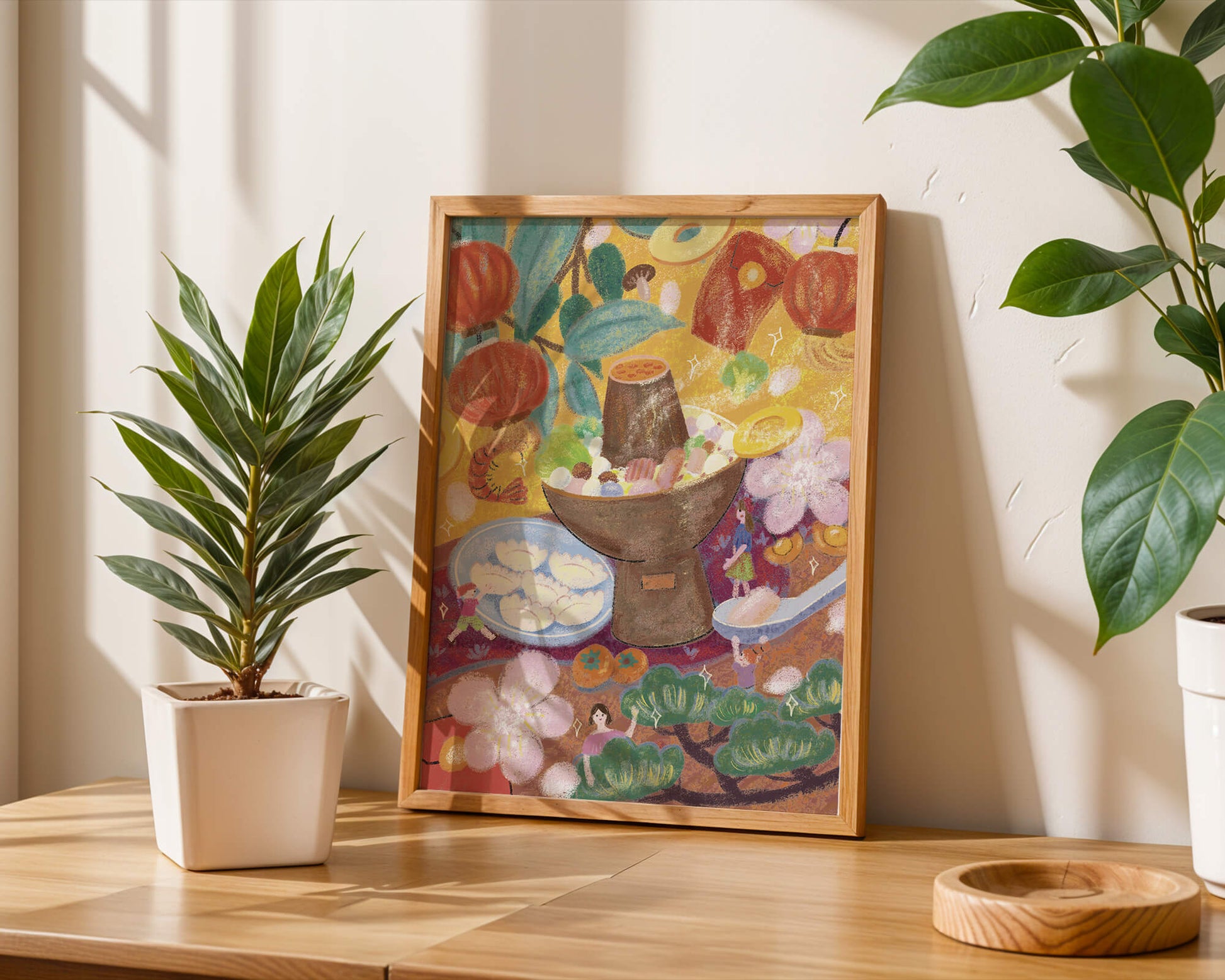 Ilustración del festival de comida asiática colorida con linternas y flores