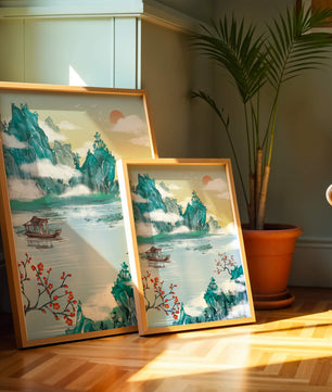 Serene lake scene with traditional boat and mountains under morning sun